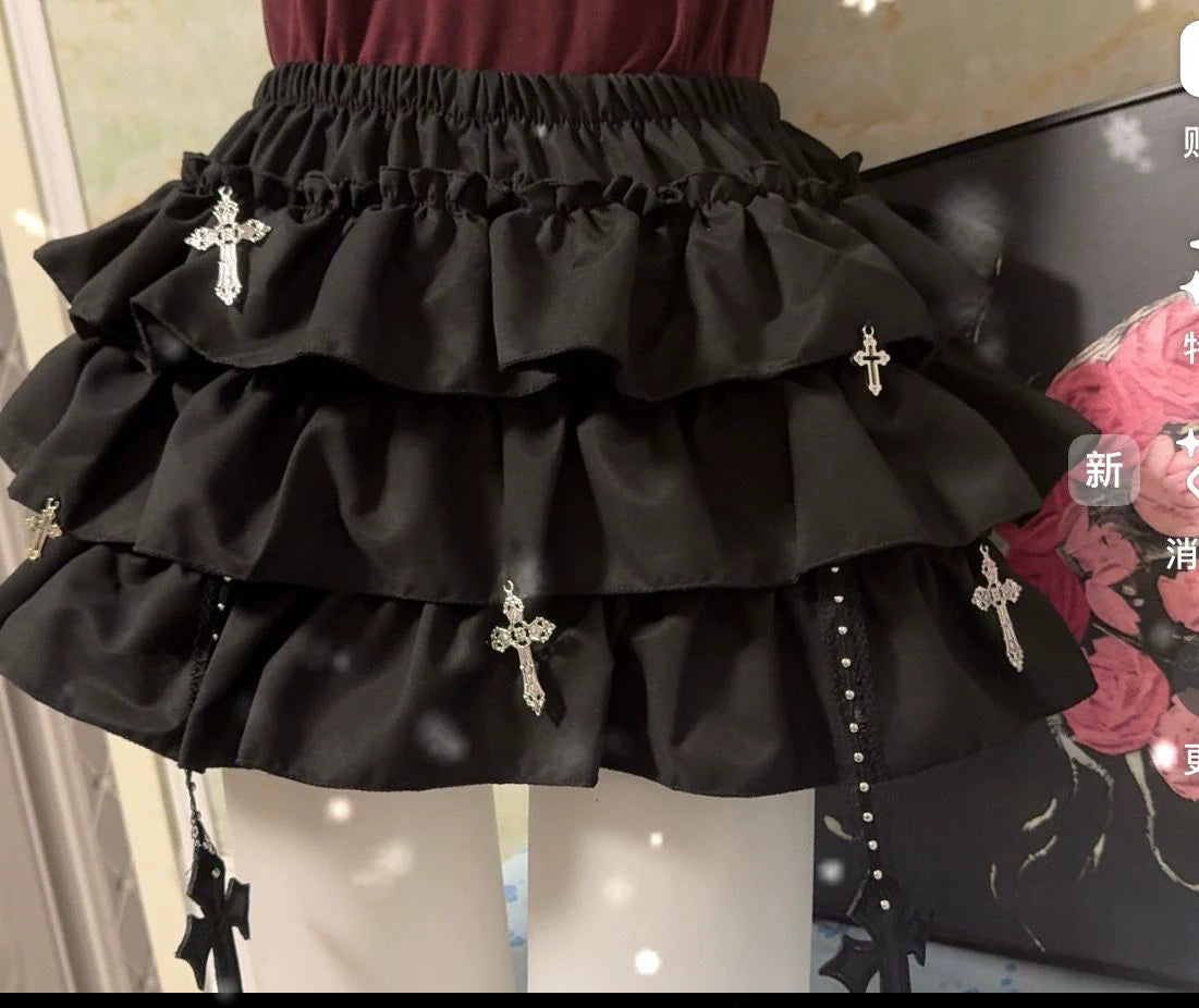 Cross Print Puff Cake Skirt Subculture Gothic Punk Y2K E-girl Abi American Retro Fluffy Skirt