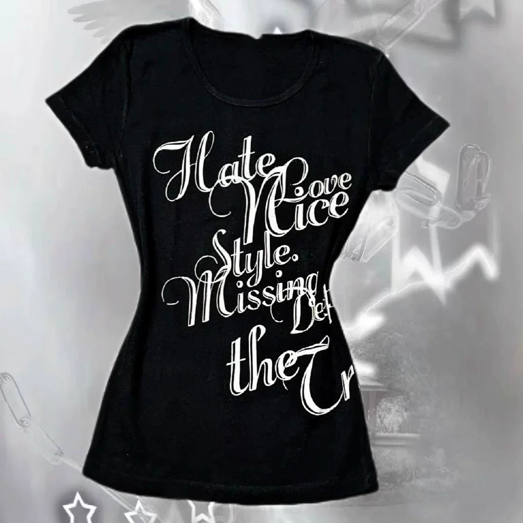 Black Subculture Punk Y2K E-girl Shibuya Girl Abi Vintage Print Slim Light Subculture Short Sleeve Top