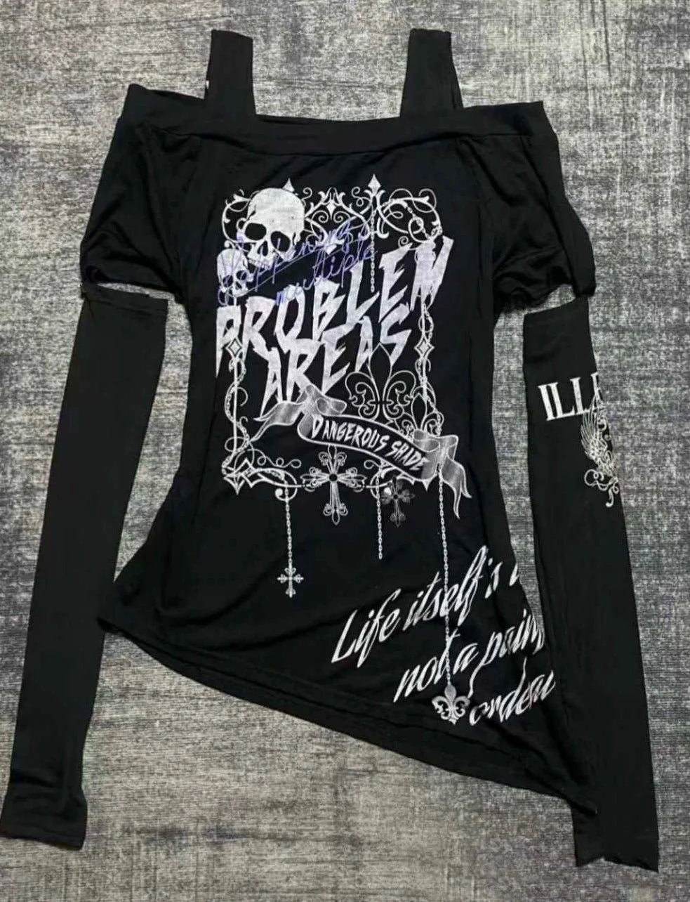 Black Gothic Skull Print Cropped Sleeve Y2K T-Shirt