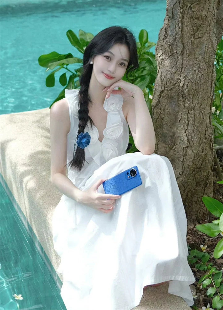 White Sleeveless Midi Dress With 3D Flowers & Ruffles