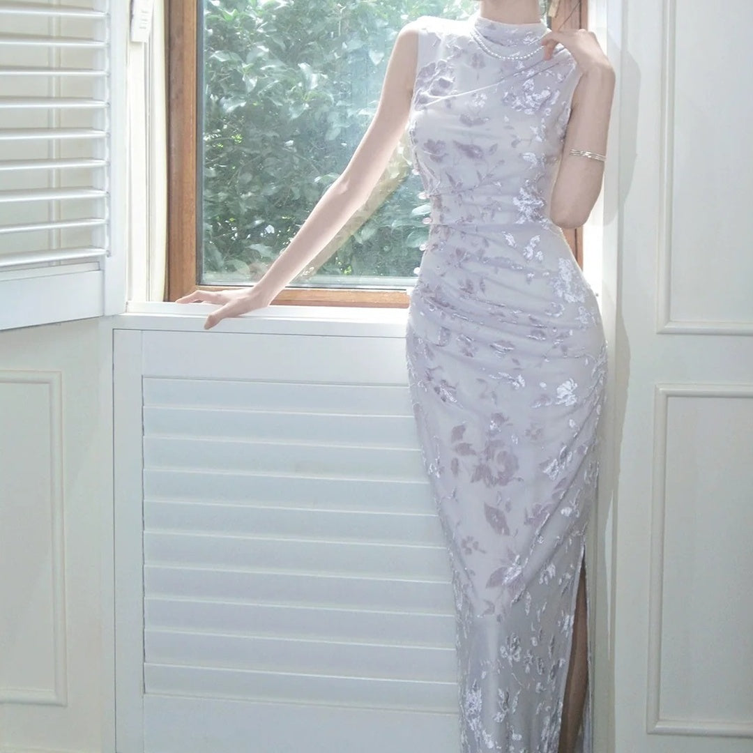 Purple Embroidered Sleeveless Cheongsam Gown