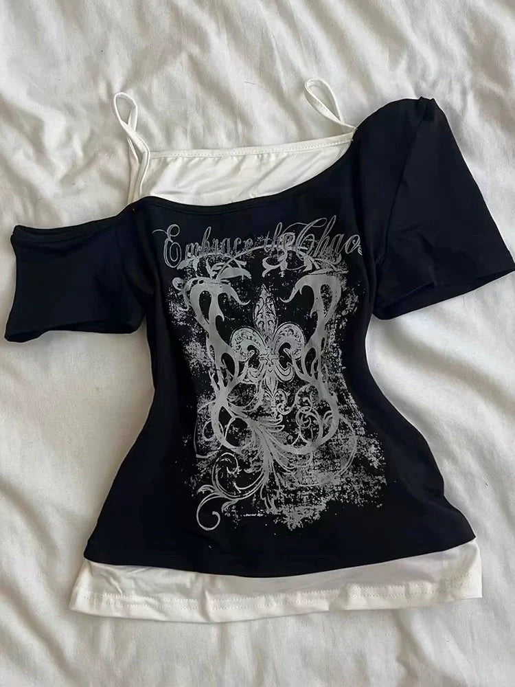 Black Subculture Y2K Abi E-girl American Retro Fake Two-Piece Asymmetrical Shoulder Print Short Sleeve Top