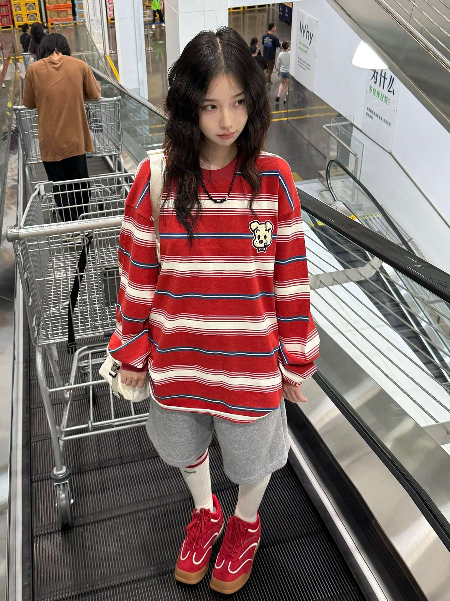 American Vintage Red Stripe Crewneck Sweatshirt Casual Loose Fit College Long Sleeve Top