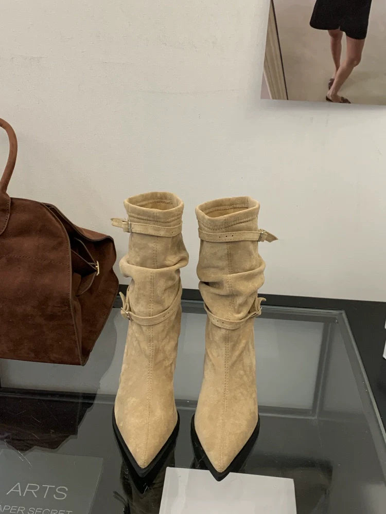 Fall Winter New French Retro Pointed Toe Thin Heel Ankle Boots Suede Slouchy Chunky Heel Western Boots