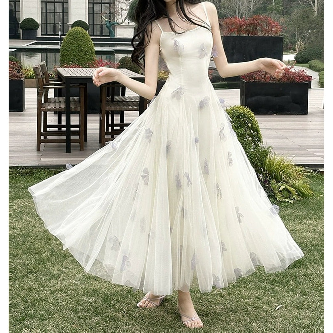 Embroidered Floral Lace Spaghetti Strap Gown Dress