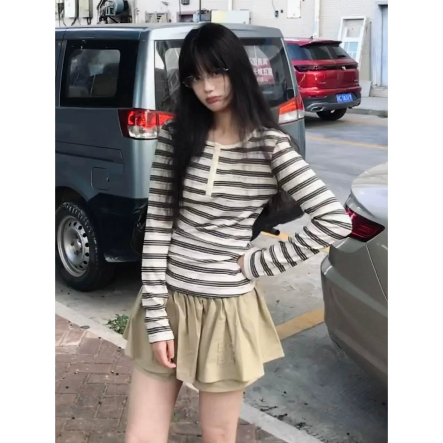 Retro Black White Striped Henley Long Sleeve Top