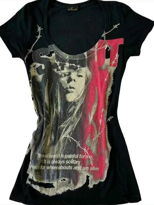 Black Subculture Gothic Punk Y2K E-girl Abi Vintage Light Subculture Short Sleeve Top