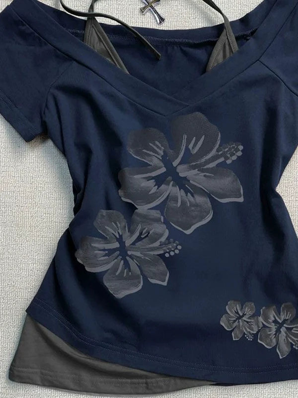 Dark Blue Twin-Flower Fake Two-Piece Subculture Y2K E-girl Abi Vintage Tie Light Subculture Short Sleeve Top