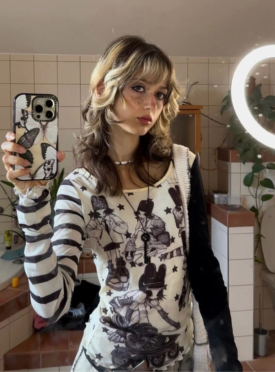 Star & Stripe Long-Sleeve Subculture Y2K E-girl Abi American Vintage Asymmetrical Slim Top