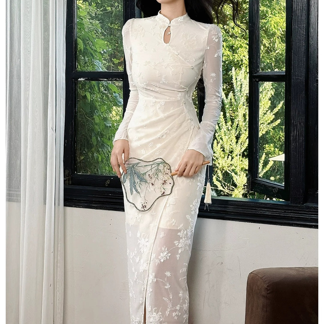 Chinese Embroidered Long Sleeve Cheongsam Gown Dress