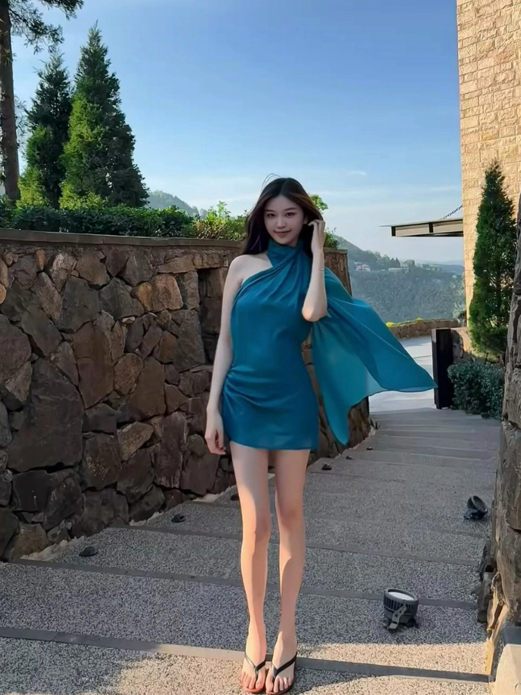 Iridescent Blue Halter Off-The-Shoulder Mini Dress