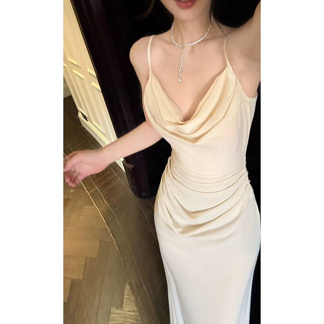 French Draped Mermaid Spaghetti Strap Gown Dress