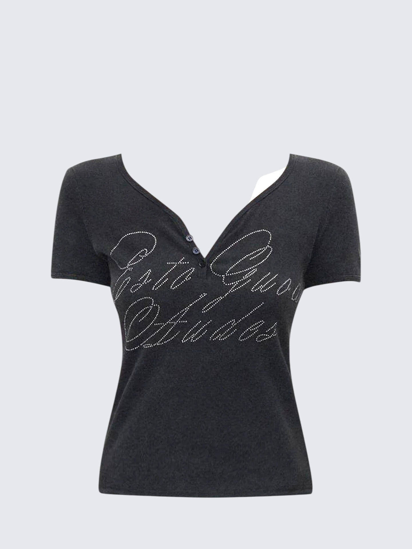 Heart Neck Rhinestone Short Sleeve Top