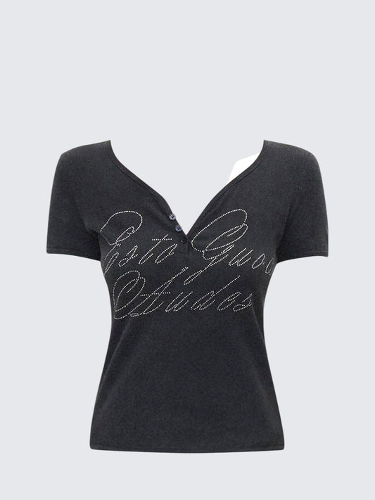 Heart Neck Rhinestone Short Sleeve Top