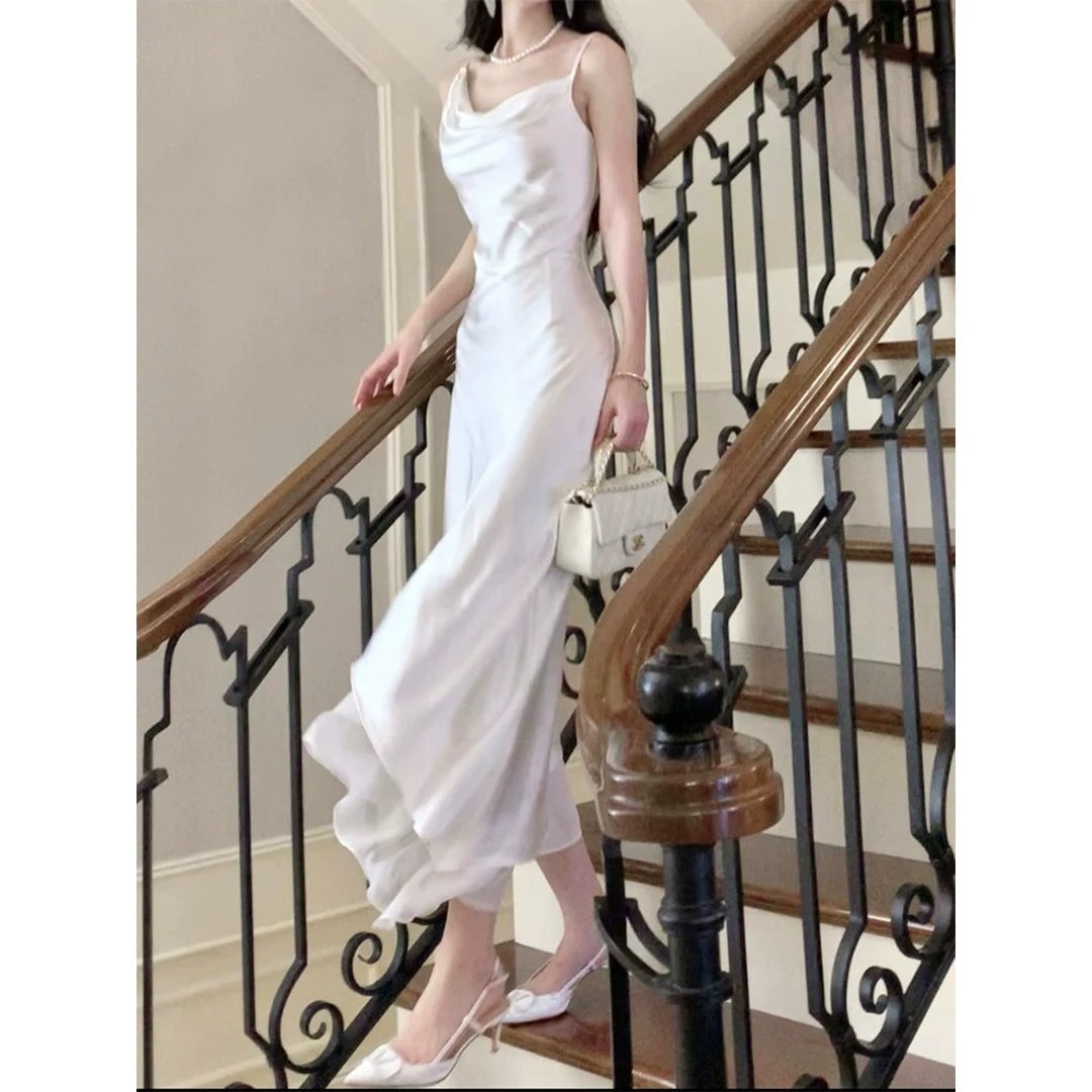 French Draped Satin Gown Dress – White Elegant Evening Dress