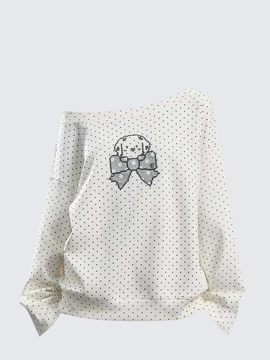 Korean One Shoulder Dog Print Sweatshirt