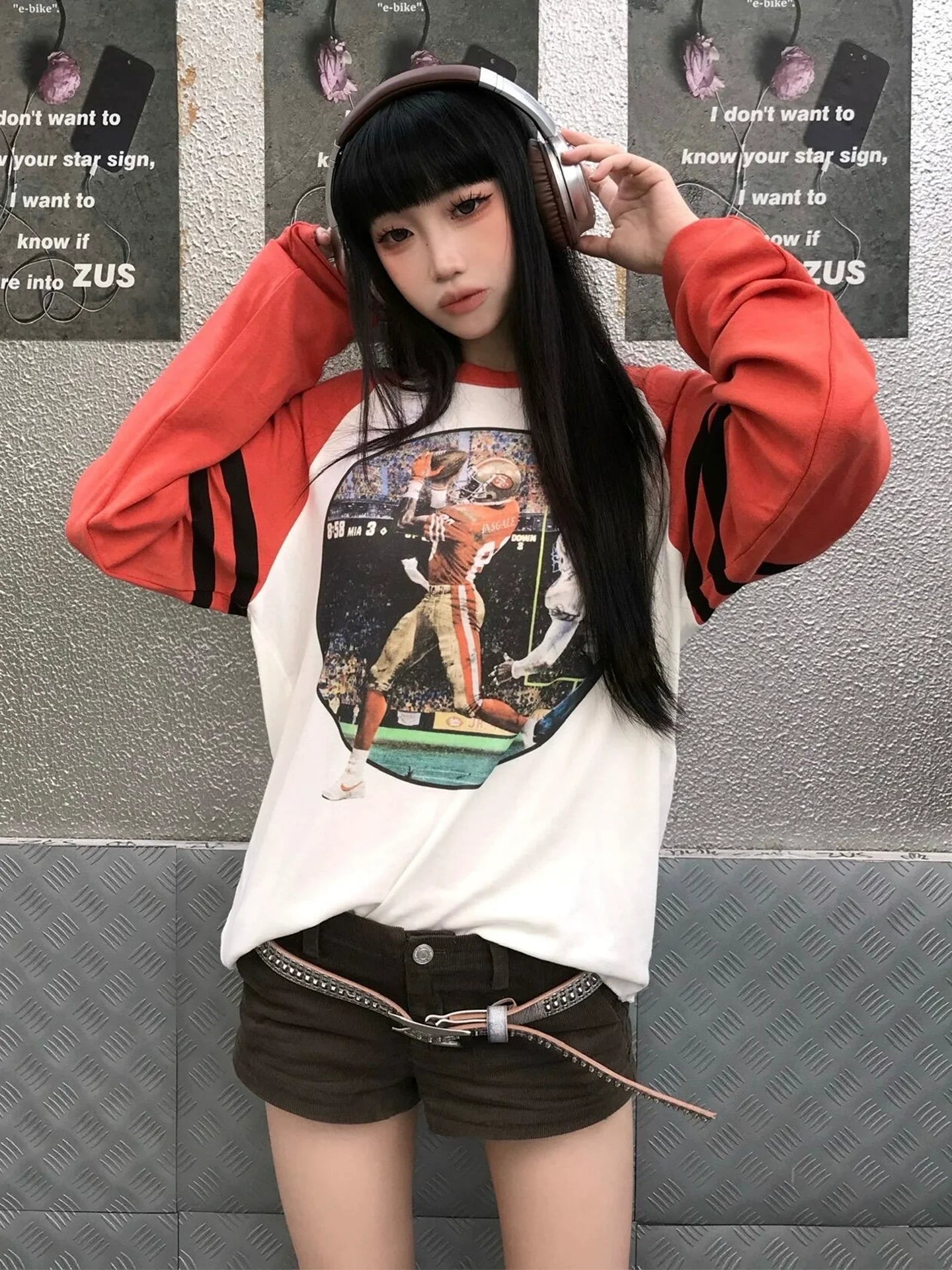 Retro White and Orange Color Block Raglan Long Sleeve Unique Design Top