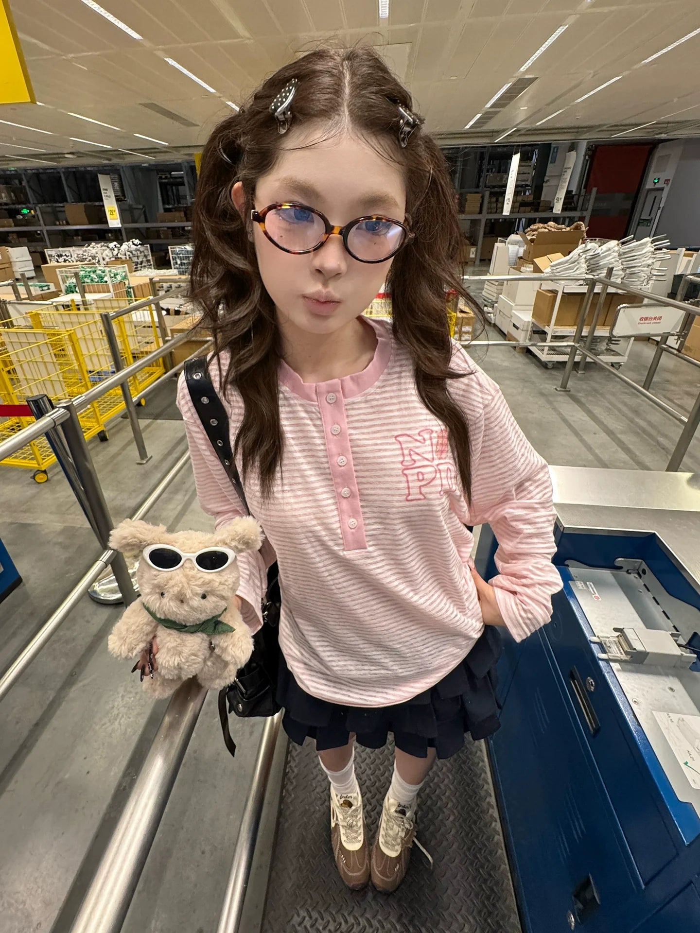 Pink Striped Henley Long Sleeve Loose T Shirt Summer Top