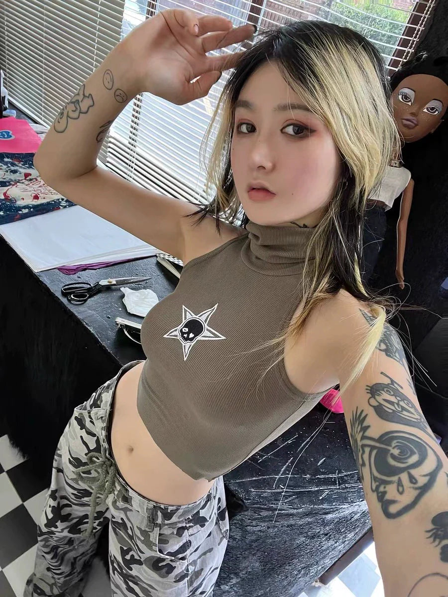 Gray Punk Skull Print Mock-Neck Slim Tank Top Y2K