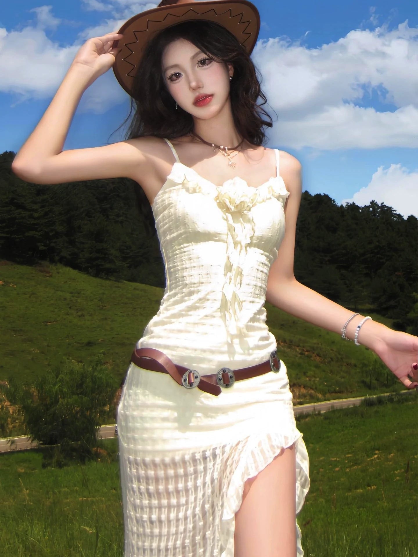 French Textured Knit Halter Waist-Cinched Asymmetrical Beach Vacation Maxi Dress