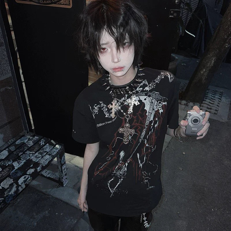 Y2K Subculture Black Polo Tee Punk Visual Kei Top