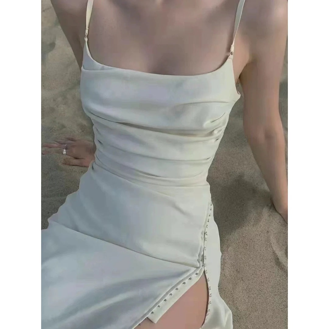 French Elegant White Spaghetti Strap Mini Gown Dress – Chic Open-Back Dress