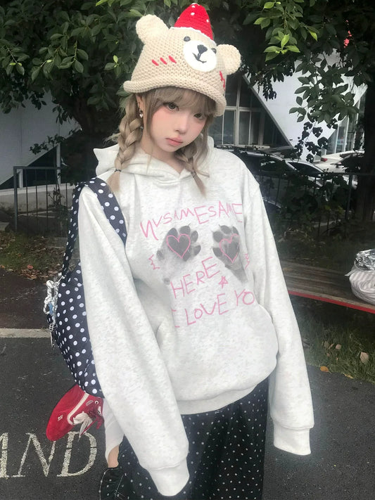 Cat Paw Letter Print Hoodie Loose Fit Unisex Top