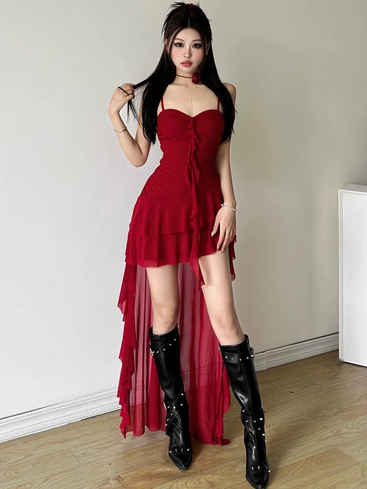 Ins-Inspired Hot & Sexy Ruffle-Paneled Ruched Asymmetrical Camisole Dress