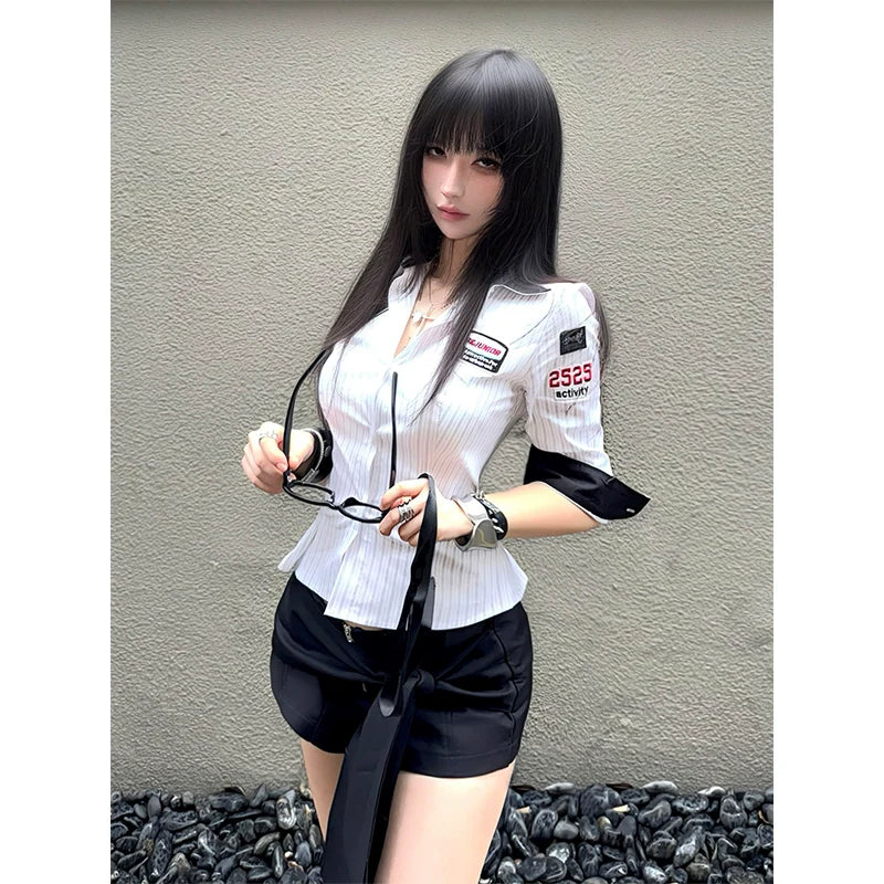 Sporty Baseball Striped Short Sleeve Shirt