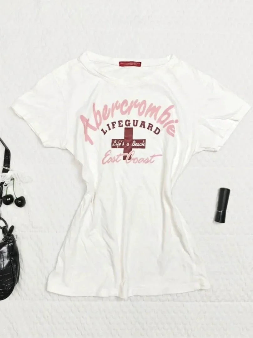 White Vintage Print Waist-Cinched Y2K T-Shirt