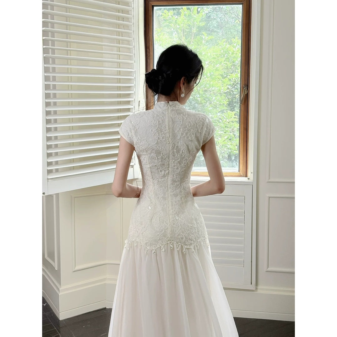 Chinese Mesh Sequin Lace Cheongsam Gown Dress