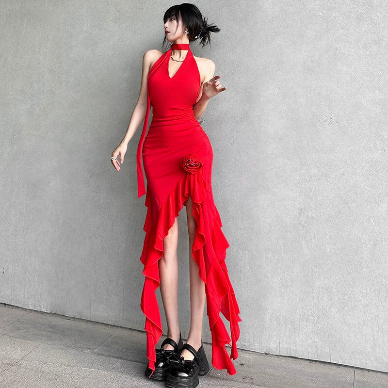 Sexy Tie-Waist V-Neck Ruffle-Paneled Asymmetrical Mini Dress