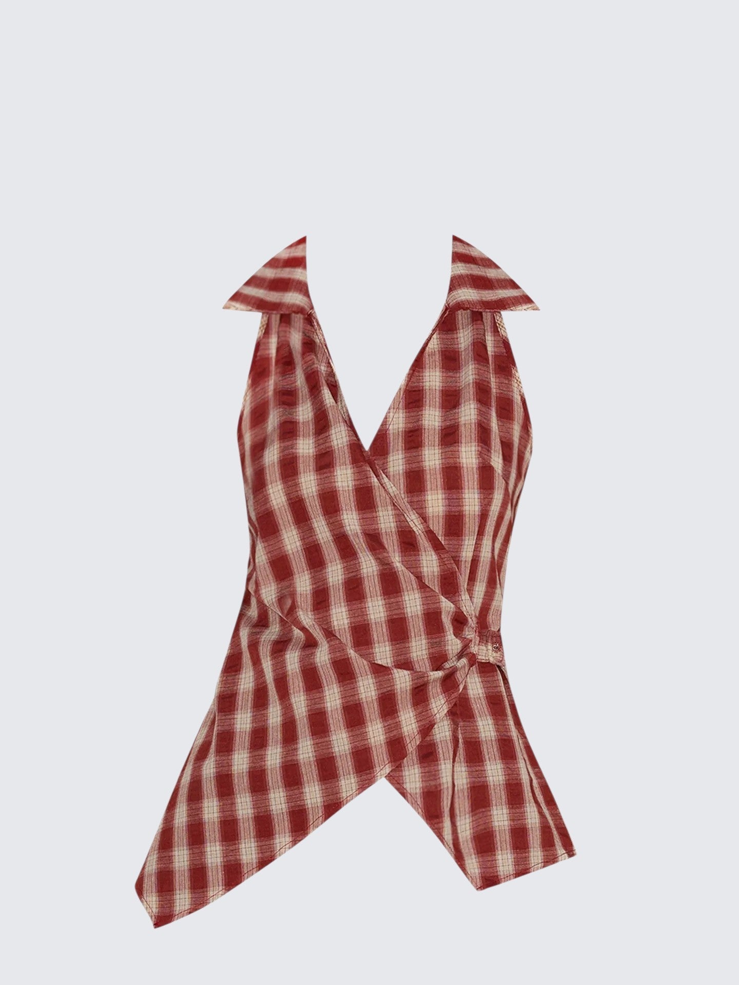 French V-Neck Red Check Vest Shirt
