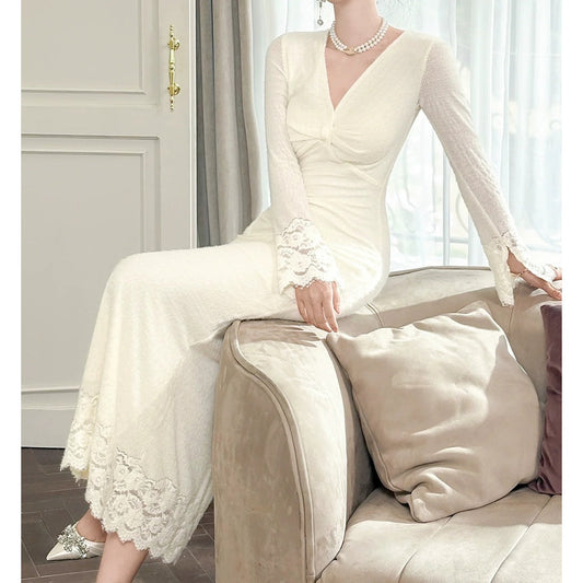 French V Neck Long Sleeve Autumn Slim Fit Gown Dress