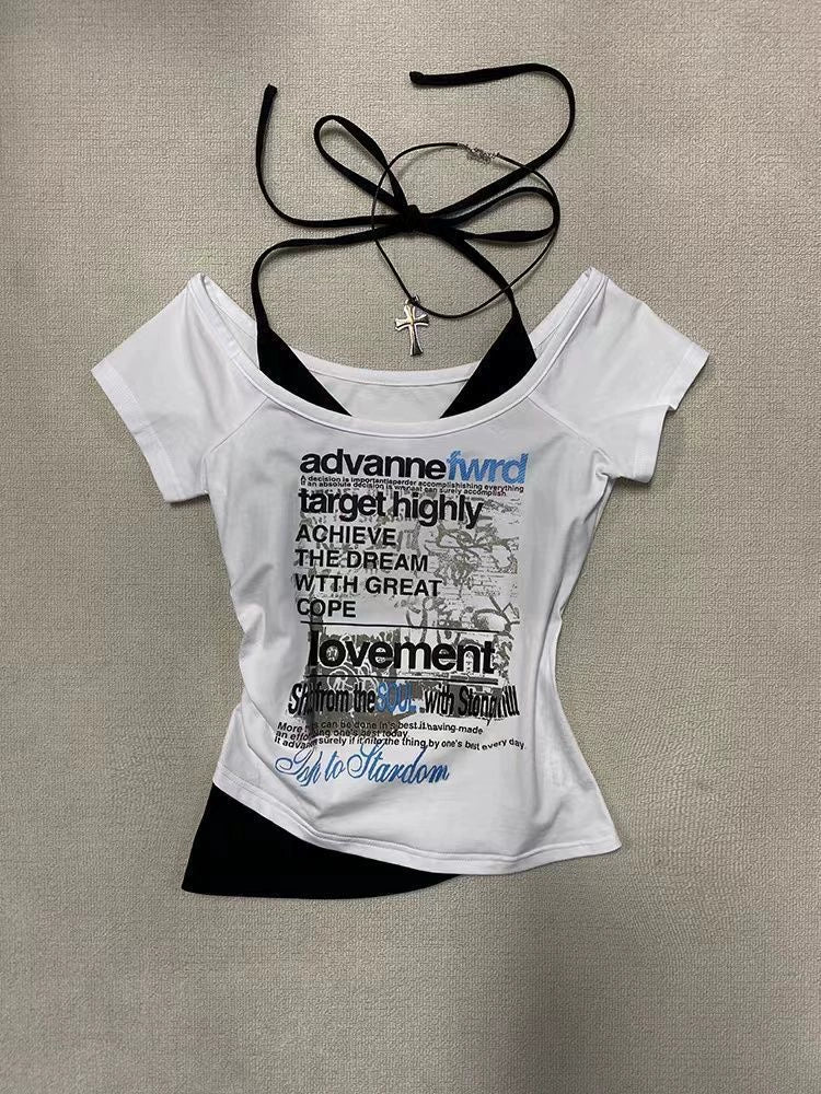 White Subculture Y2K E-girl Abi American Retro Letter Print Halter Fake Two-Piece Short Sleeve Top