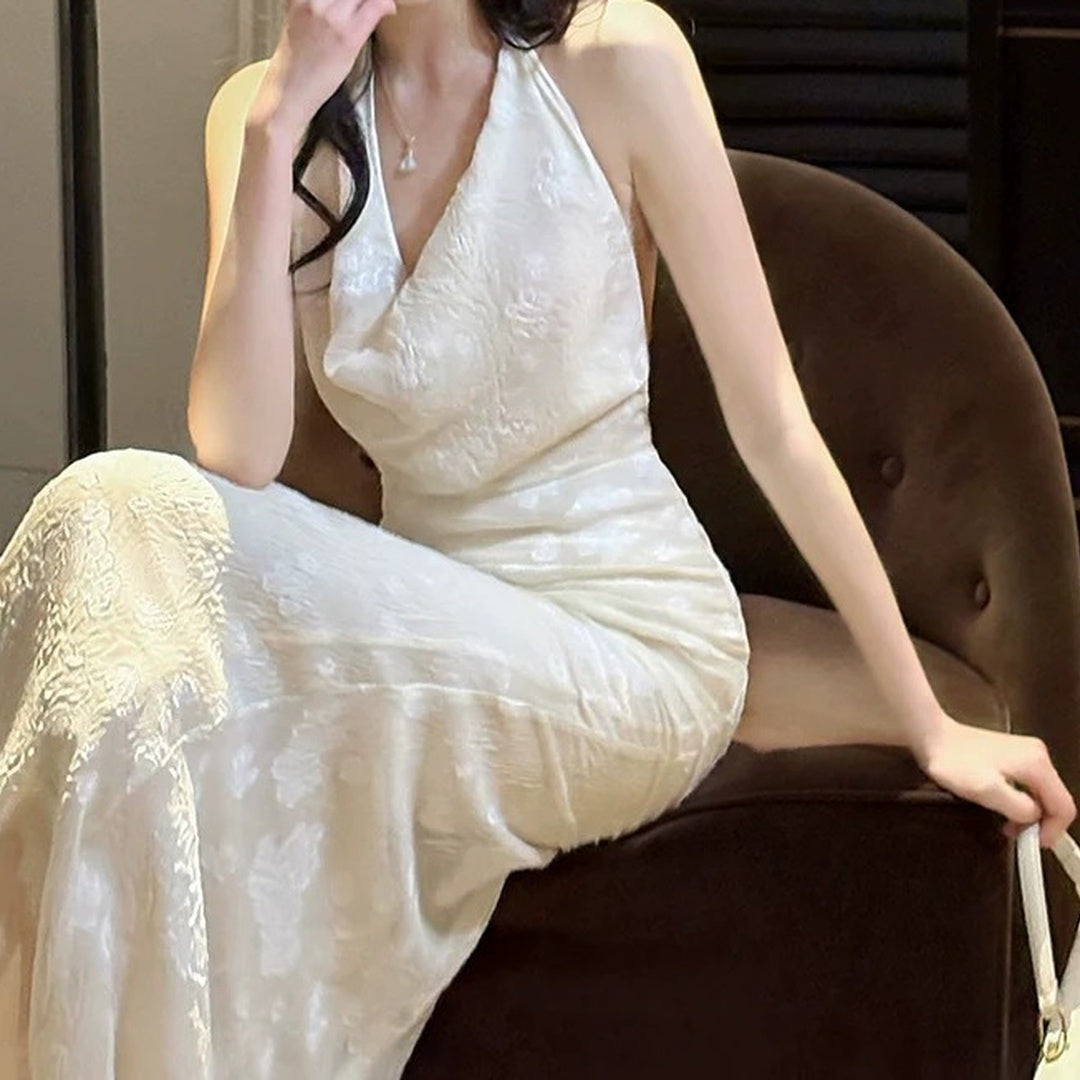 French Spaghetti Strap Draped Back Gown Dress