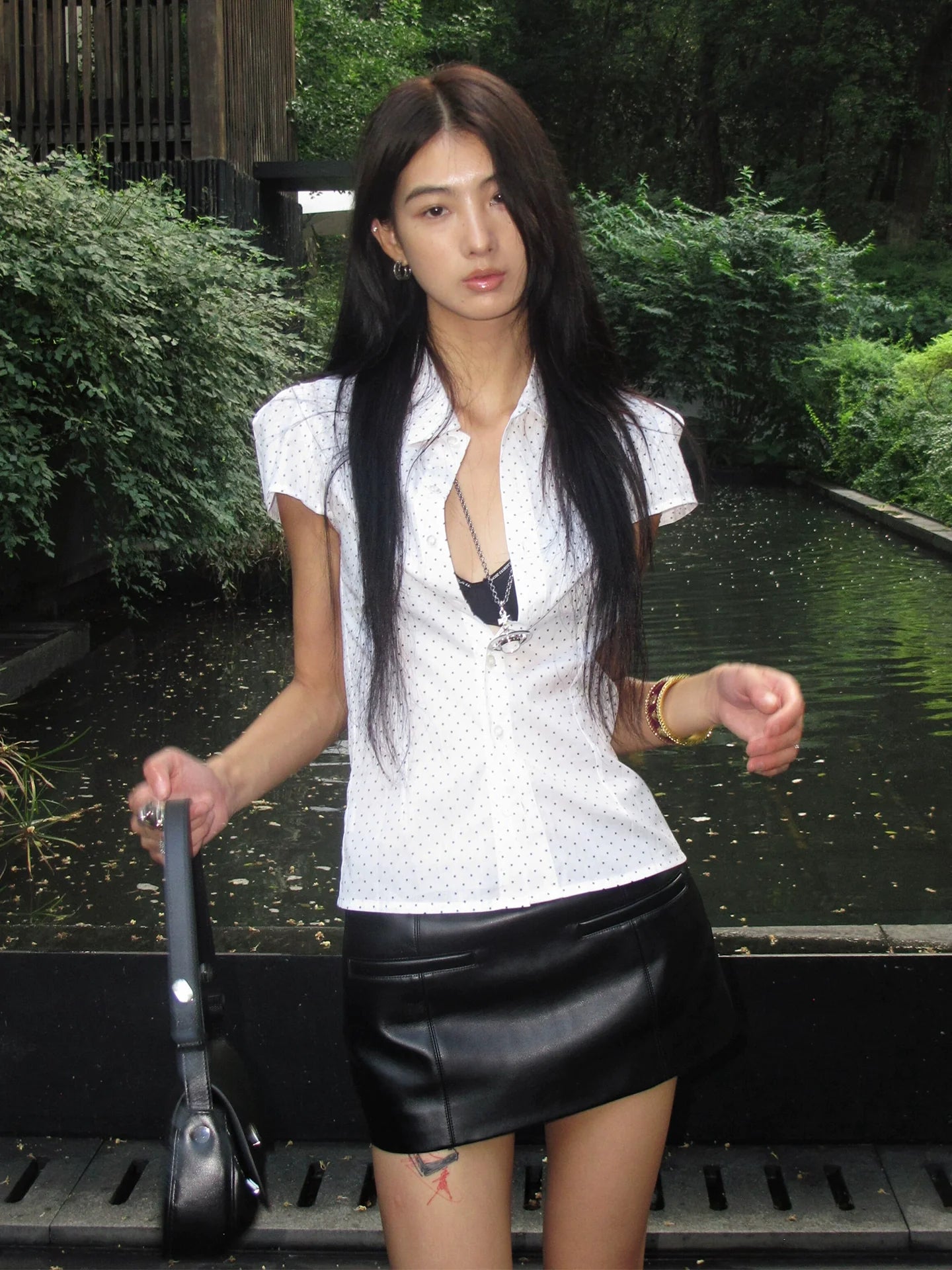 Y2K White Star Polka Dot Short Sleeve Shirt Fitted Structured Shoulder Cropped Vintage Top