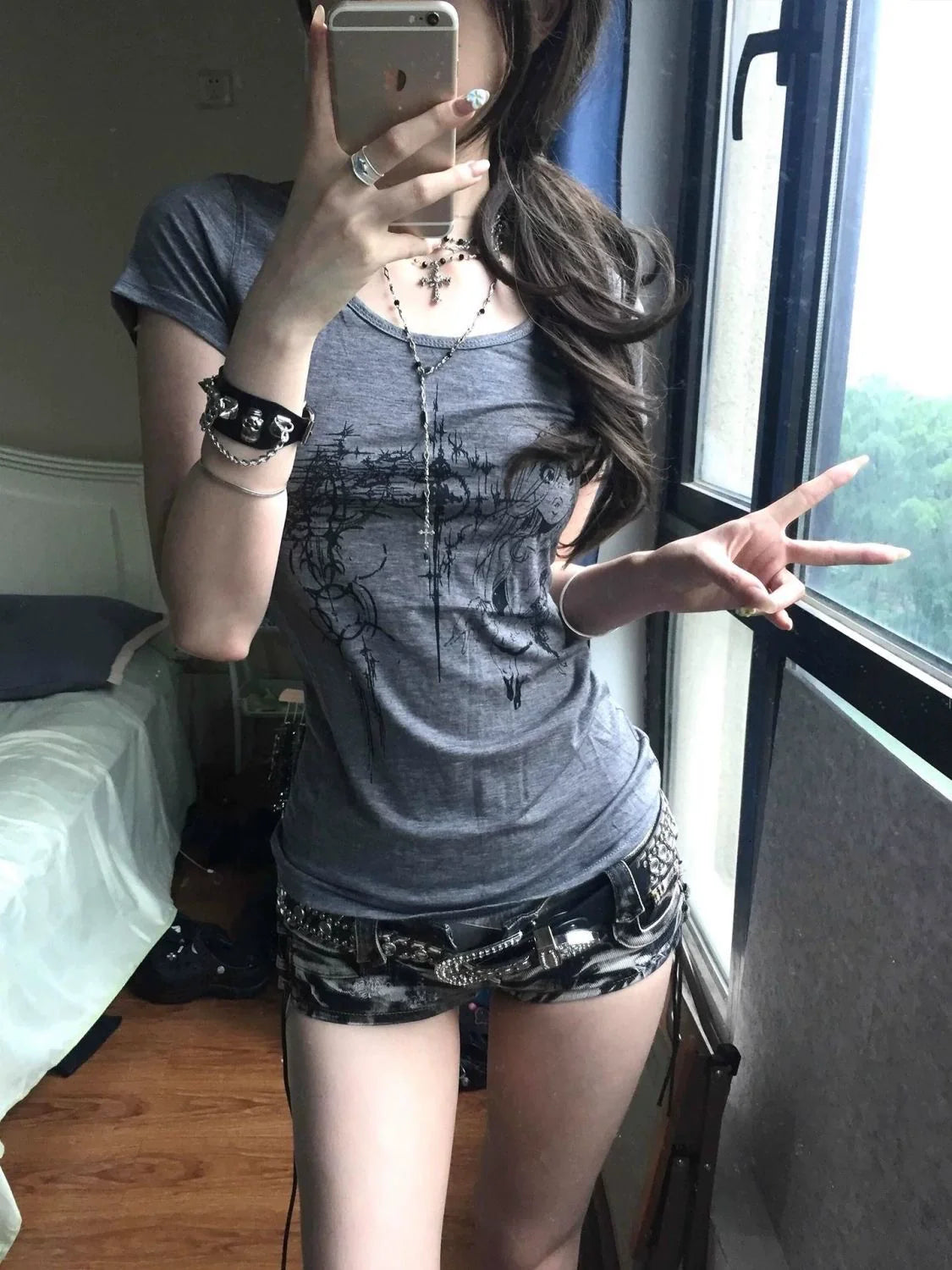 Dark Gray American Vintage Print Waist-Cinched Light Subculture Y2K T-Shirt