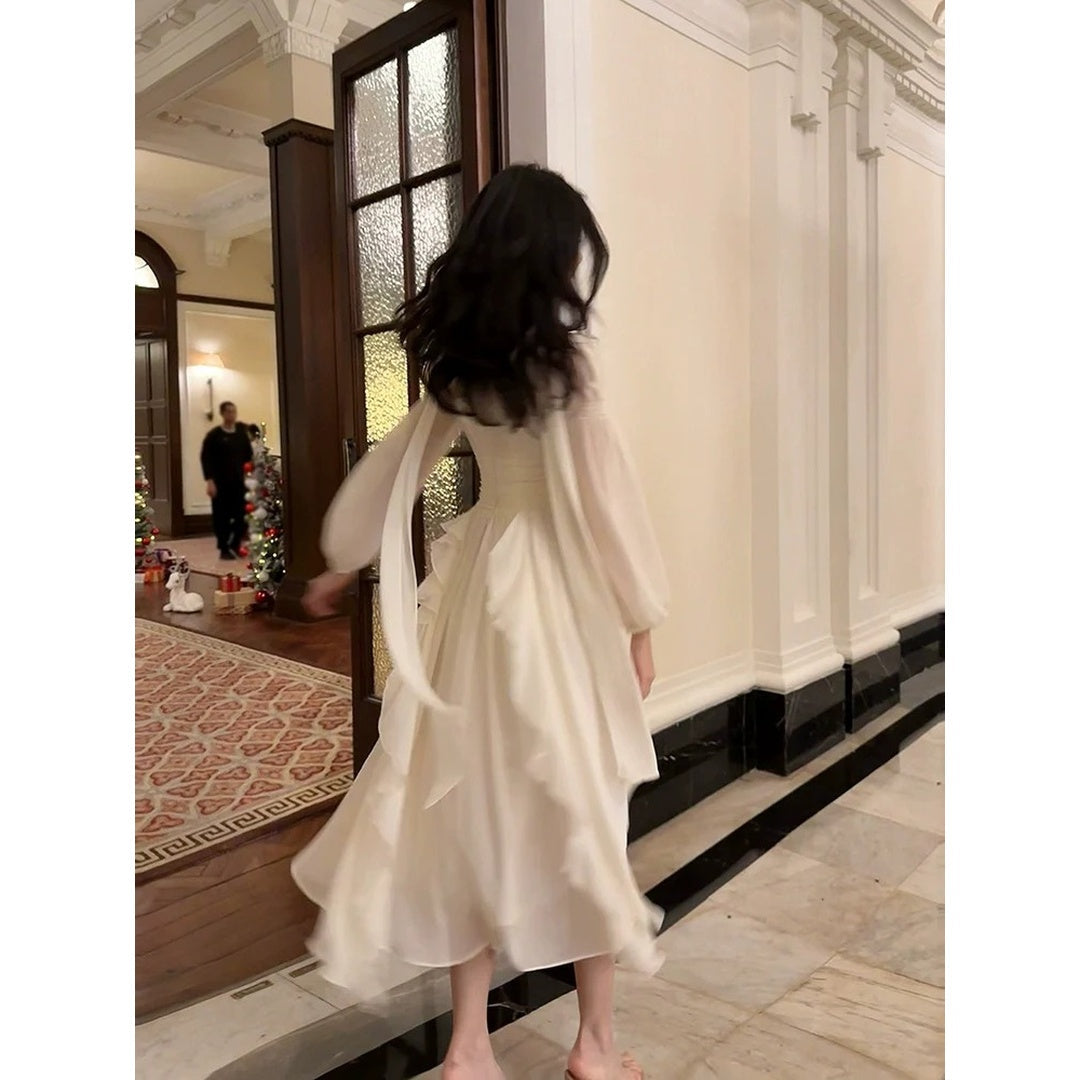 White Long Sleeve Gown with Ruffle Details Prom Dress