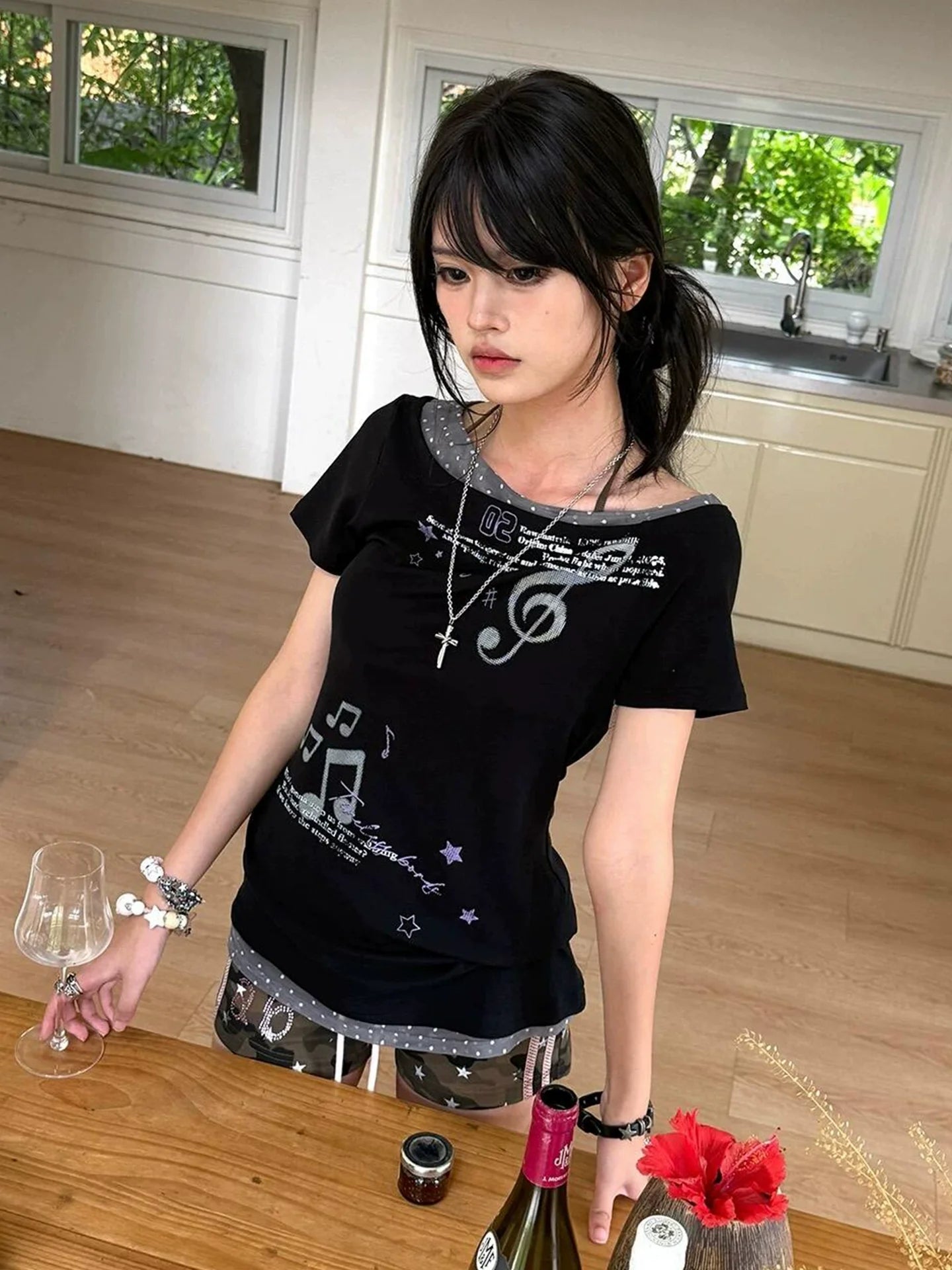 Y2K Light Asia Slanted Shoulder Polka Dot Tee Summer Fake Layer Sweet Spicy Girl Top