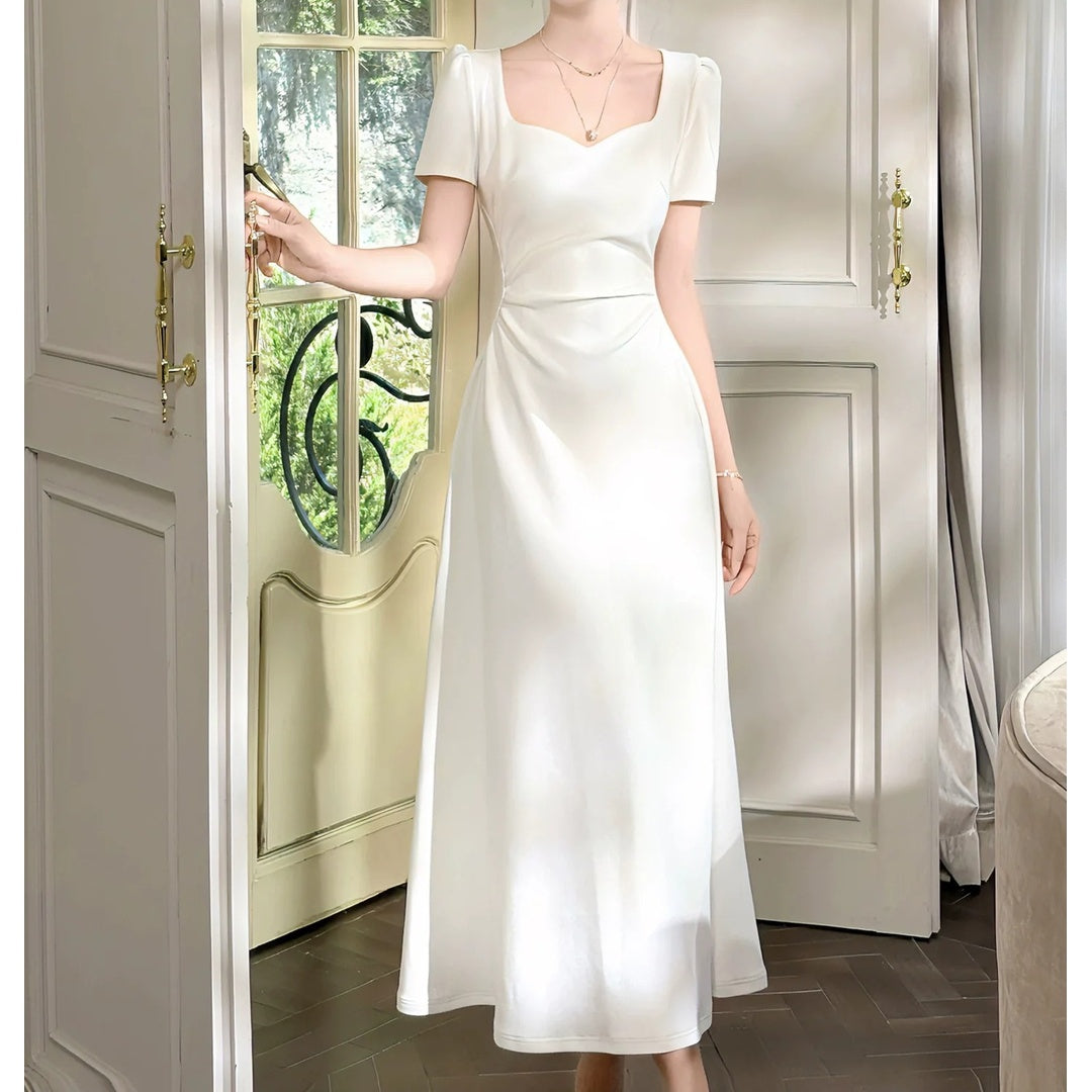 White Luxury Square Neck Gown Dress – French Waist Fitted Dress