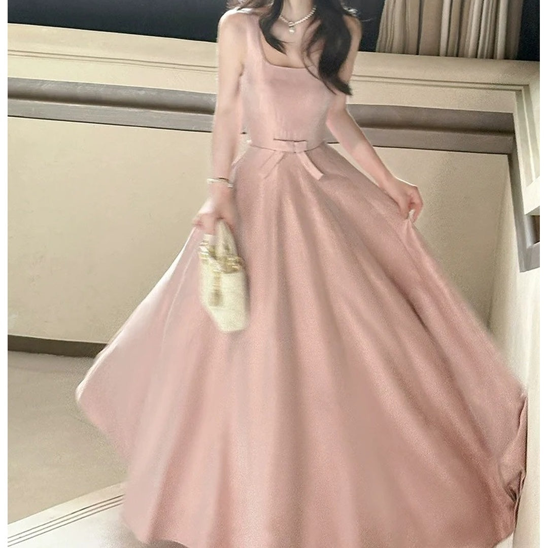 French Pink Butterfly Satin Spaghetti Strap Gown Dress – Engagement and Party Dress