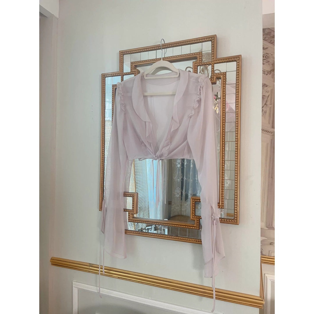 Purple Bow Silk Long Sleeve Blouse