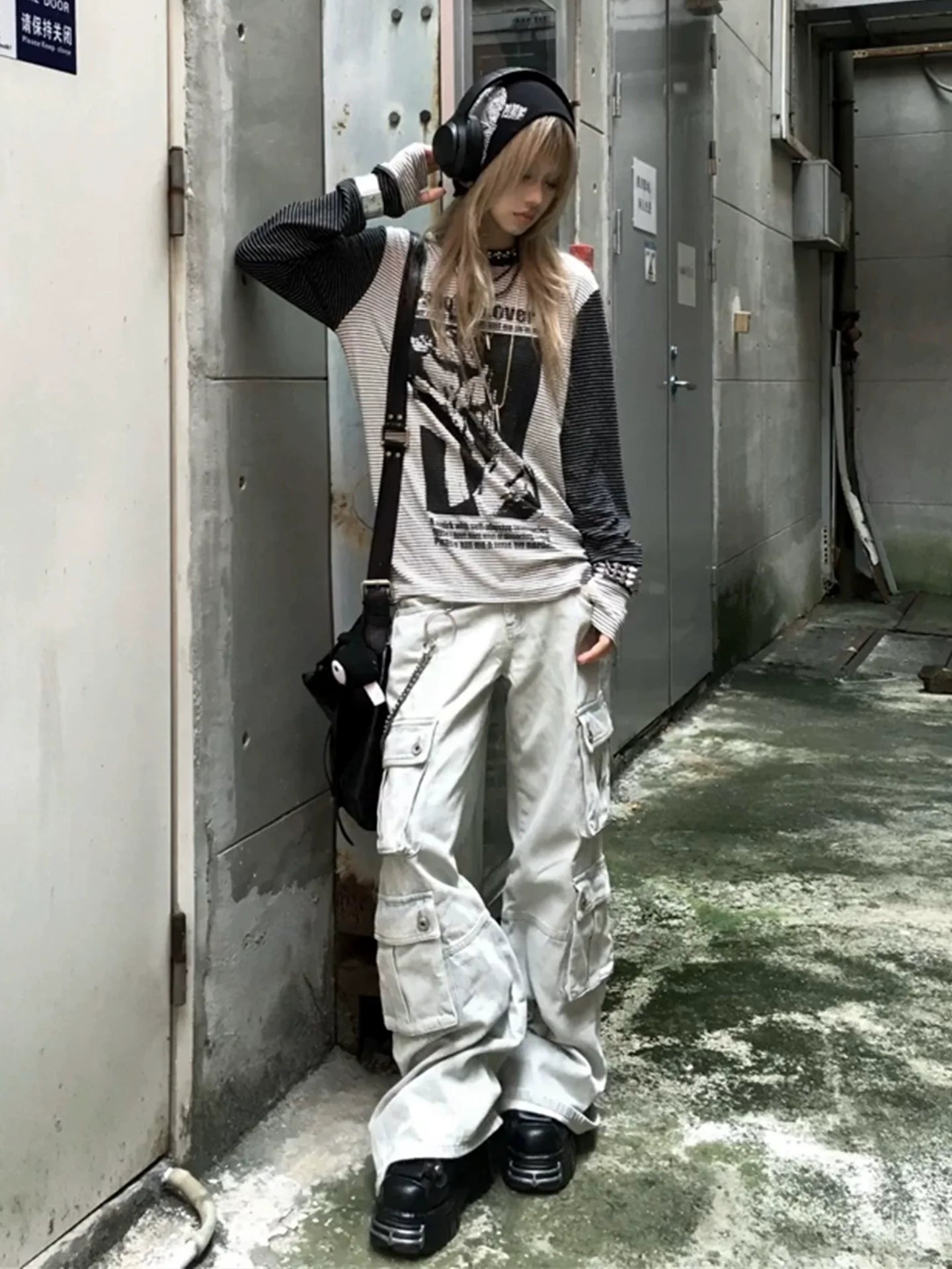 Y2K Subculture Striped Long Sleeve Tee Character Print Visual Kei Top