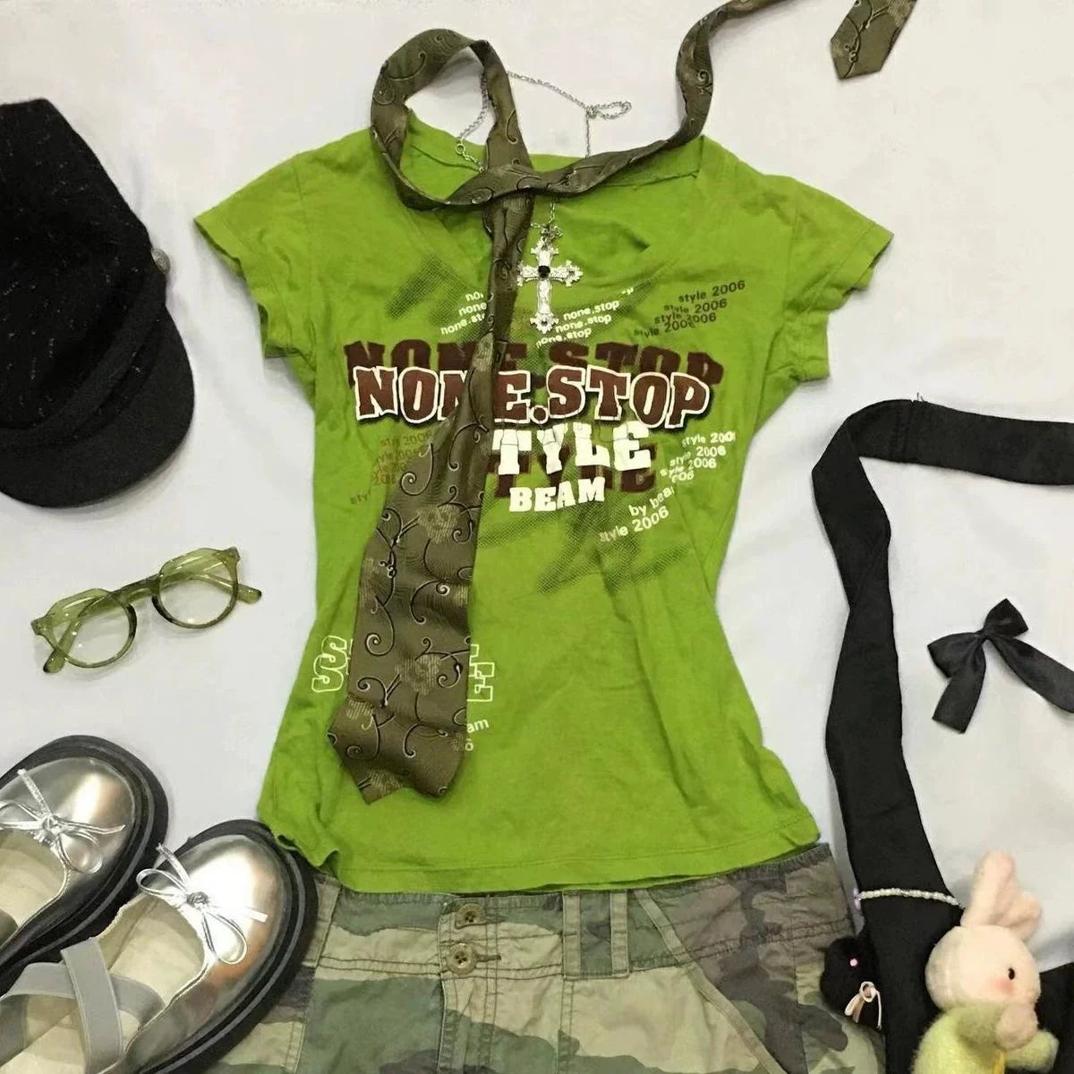 Green Misplaced Print Subculture Y2K E-girl Abi American Retro Foreign Vintage Slim Short Sleeve Top