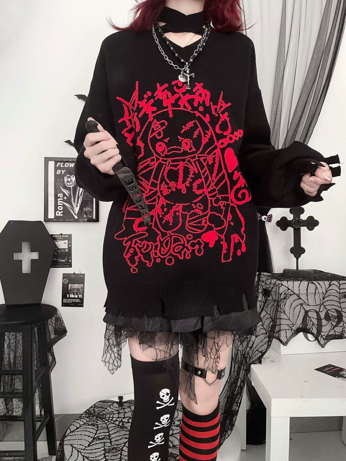 Y2K Punk Bandage Bunny V-Neck Black-Red Sweater