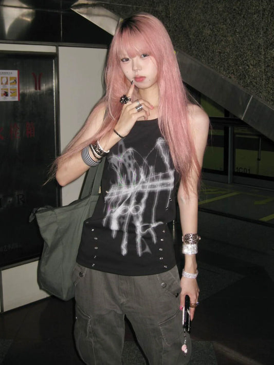 Y2K Subculture Black Tank Top Punk Fitted Sleeveless Visual Kei Style