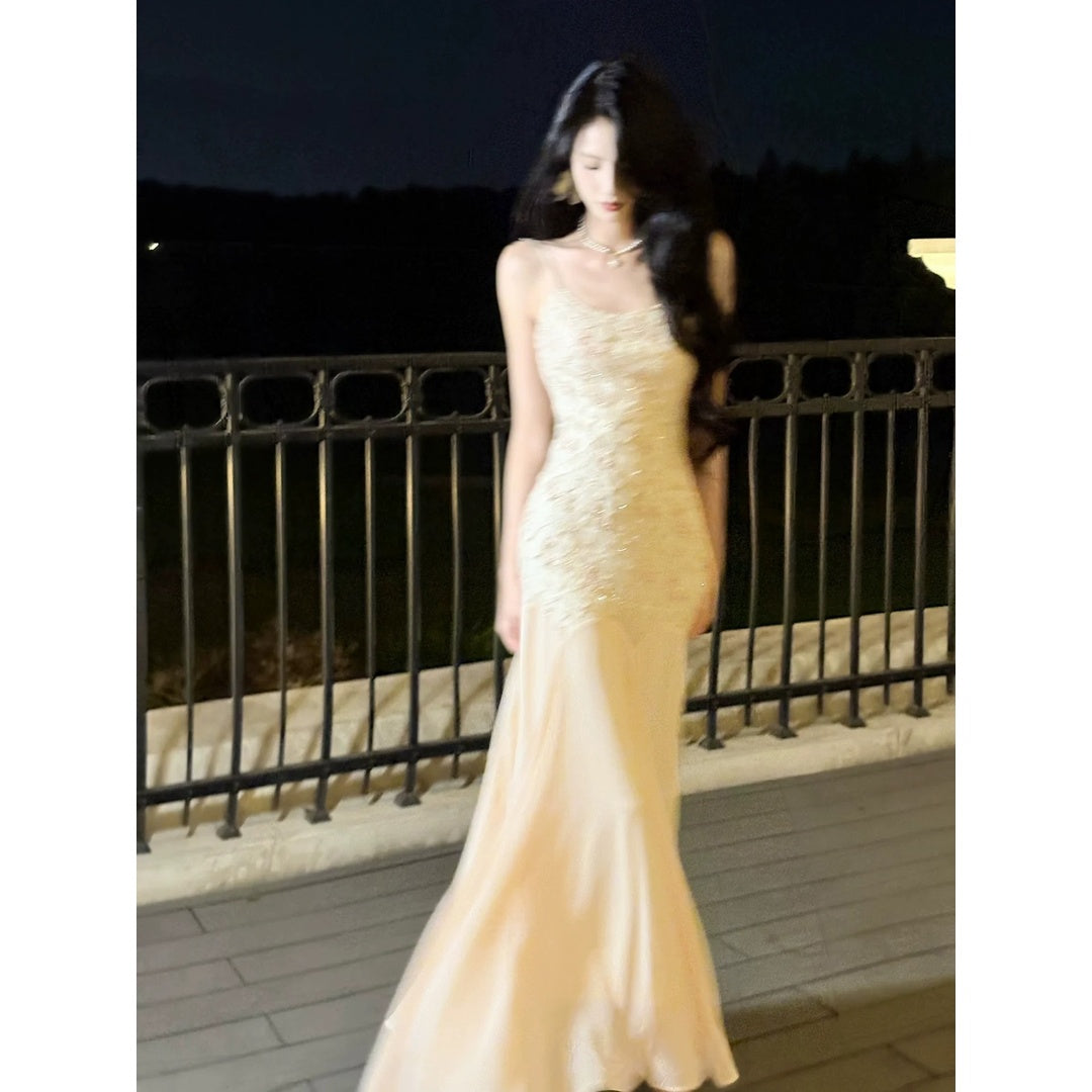 Embroidered Pink Spaghetti Strap Mermaid Gown Dress