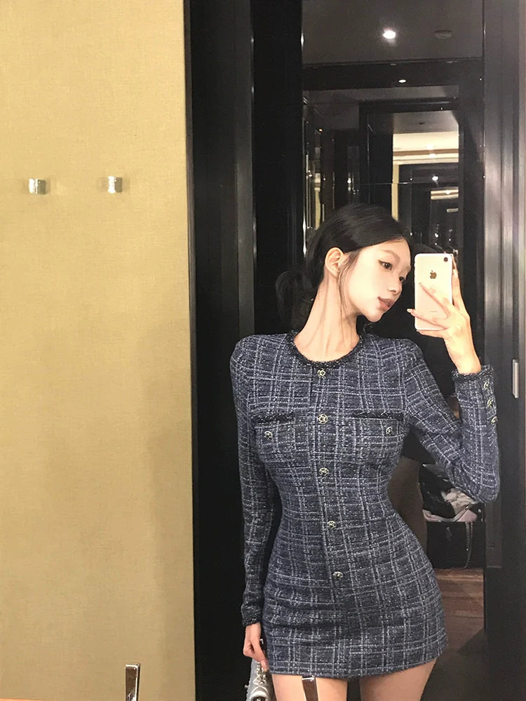 French Chic Tweed-Print Long-Sleeve Bodycon Waist-Cinched Dress