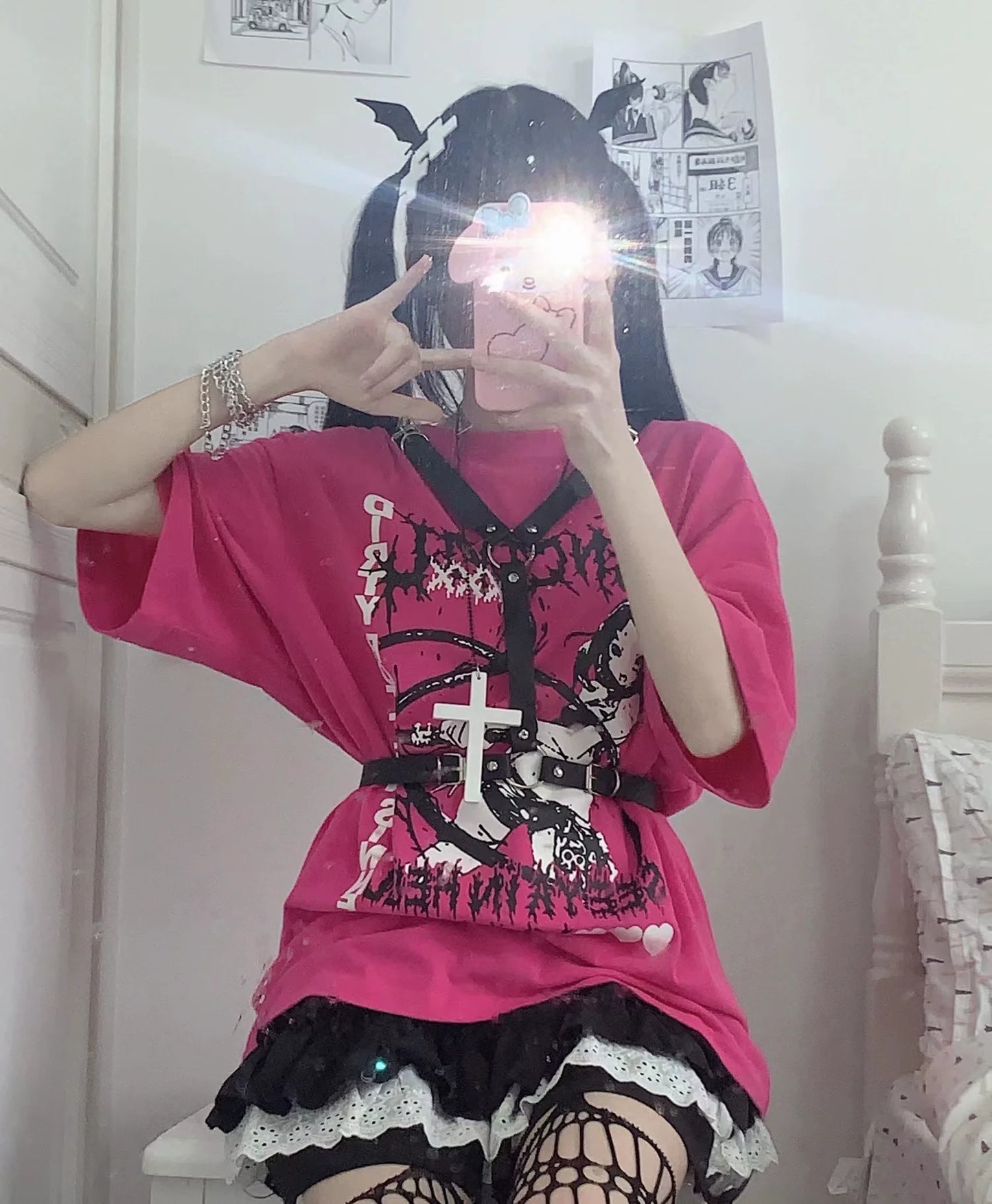 Fuchsia Otaku Harajuku Cartoon Print Oversized Y2K T-Shirt